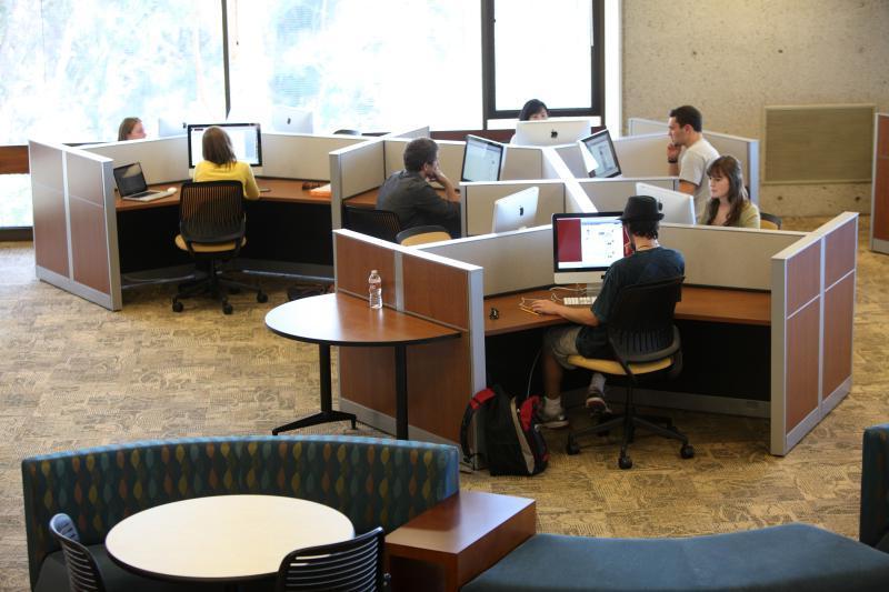 Students working on computers in the library